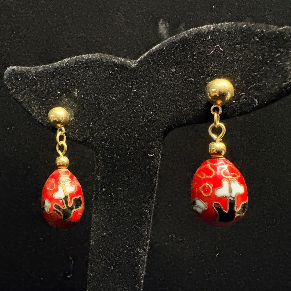 Vintage Cloisonne Enamel Red Floral Teardrop Dangle Ball Stud Earrings Gold Tone